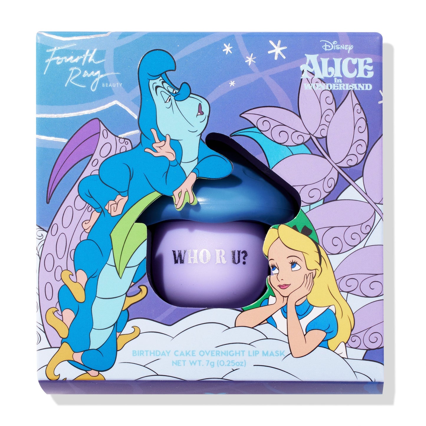 Pure Madness overnight lip mask jar sits in a die-cut window, “WHO R U?” on a purple pot; Alice and the Caterpillar art frame the Disney x Fourth Ray Beauty box, birthday cake scent, 7g (0.25 oz), hydrating ColourPop Lip Mask.