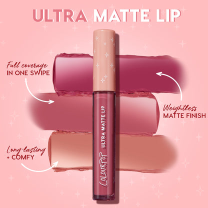 ColourPop Beeper Ultra Matte Lip liquid lipstick in a clear tube with a peach cap and star accents stands over three mauve-to-nude swatches, showcasing full-coverage, weightless matte finish and long-lasting comfort on a pink backdrop.