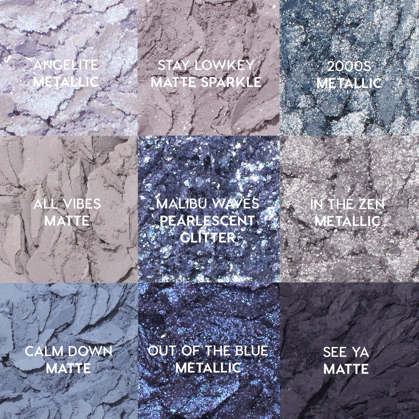 ColourPop So Elemental shadow palette showing nine crushed cool-toned blue and lavender pans labeled Angelite Metallic, Stay Lowkey Matte Sparkle, 2000s Metallic, All Vibes Matte, Malibu Waves Pearlescent Glitter, In the Zen Metallic, Calm Down Matte, Out of the Blue Metallic, and See Ya Matte, highlighting shimmery and matte finishes for US makeup lovers shopping shadow palettes.