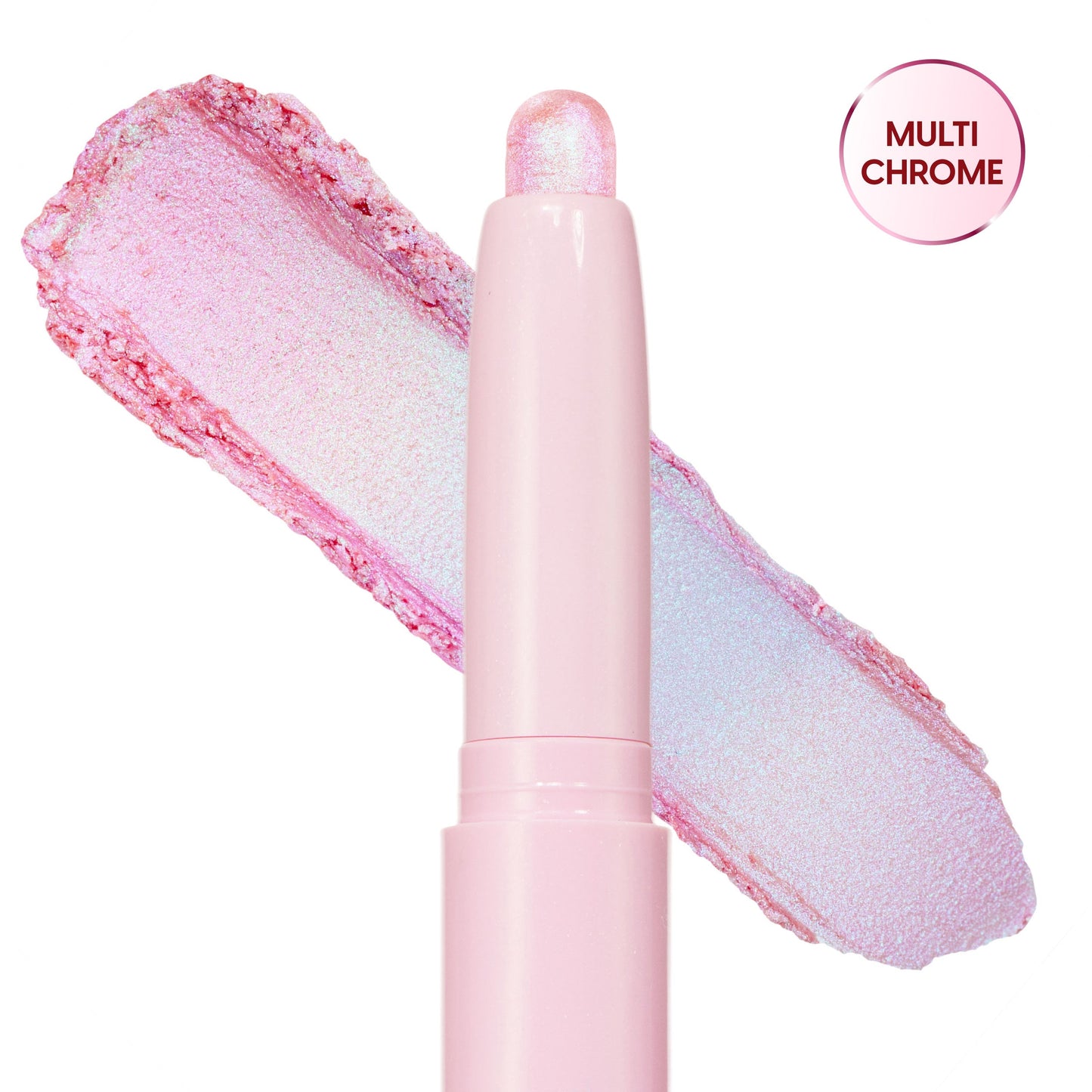 Colourpop Disco Disco Shadow Stix shown uncapped with its shimmery iridescent pink and icy blue eyeshadow swatch smeared diagonally behind the pale pink twist-up stick on a white background.
