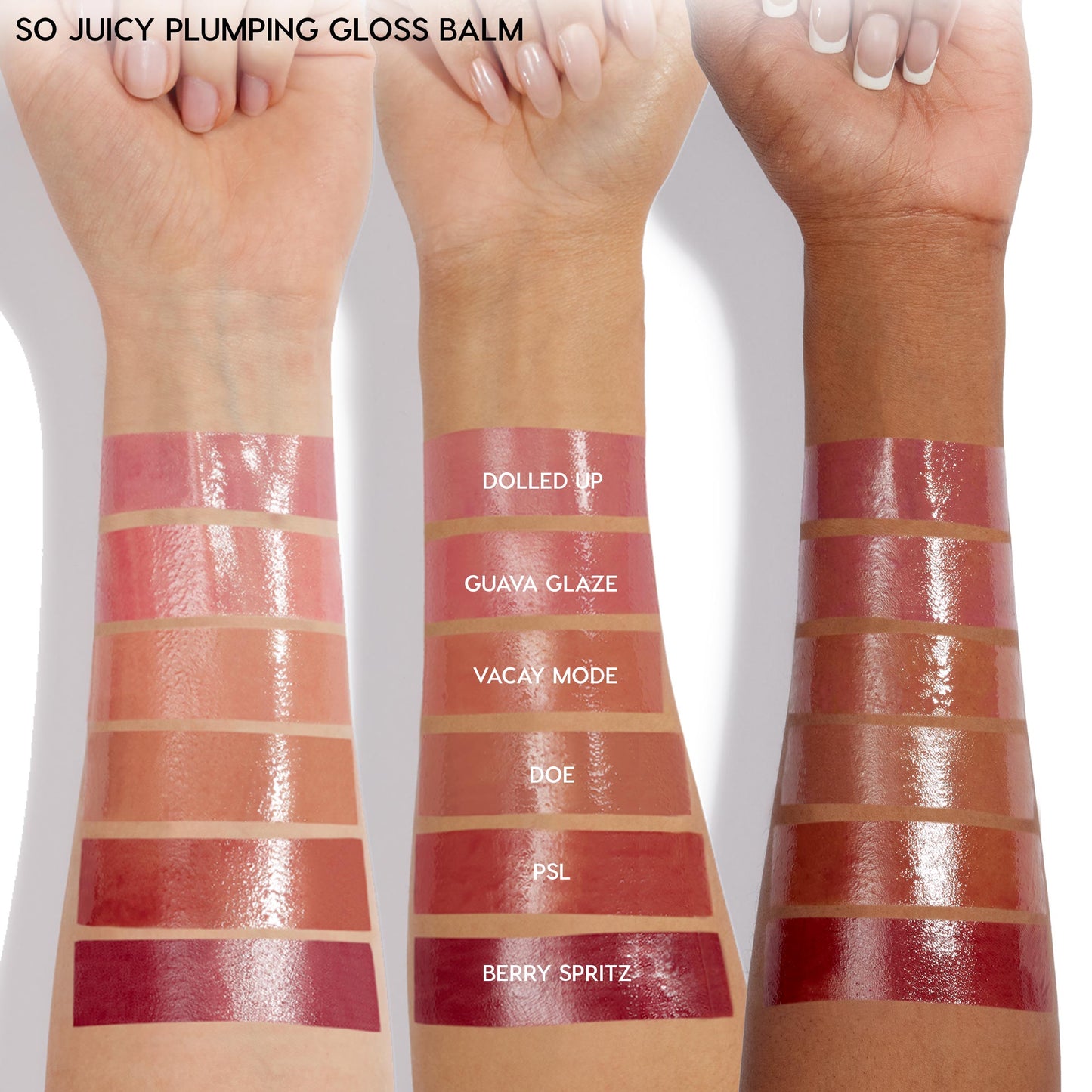 ColourPop So Juicy Plumping Gloss Balm with Peptides Lush Pout swatches displayed on three skin tones, showing glossy shades Dolled Up, Guava Glaze, Vacay Mode, Doe, PSL, and Berry Spritz applied in stripes on forearms under studio light.