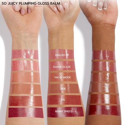 ColourPop So Juicy Plumping Gloss Balm with Peptides (So Balm) swatched in six glossy shades - Dolled Up, Guava Glaze, Vacay Mode, Doe, PSL, Berry Spritz - striped across three skin tones on forearms, highlighting high-shine plumping finish.