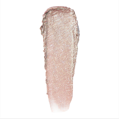 Single swatch of ColourPop Cullen Coven Jelly Much Shadow, a shimmering pale champagne-pink cream eyeshadow with fine glitter reflecting multicolor sparkles, shown in a thick streak on a white background for the Twilight collection.