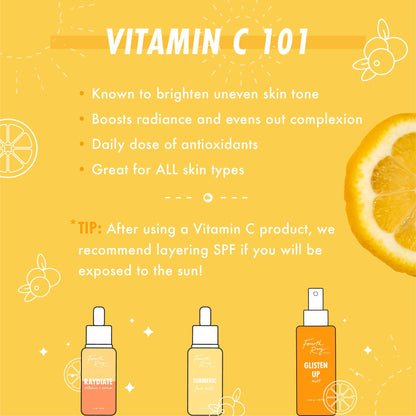 Glisten Up Vitamin C Mist, an orange spray bottle, sits with Raydiate serum and Turmeric face milk on a Vitamin C 101 graphic listing brightening, radiance, antioxidant, and all-skin benefits, lemon visuals, and an SPF layering tip; ColourPop Face Mist.